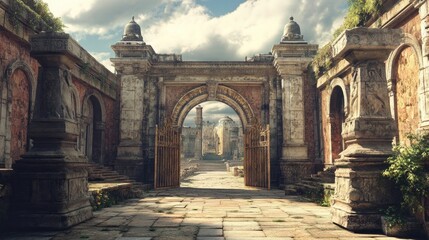A majestic arched gateway leads to a forgotten city, bathed in sunlight.  The weathered stone and golden gates hint at a rich history.