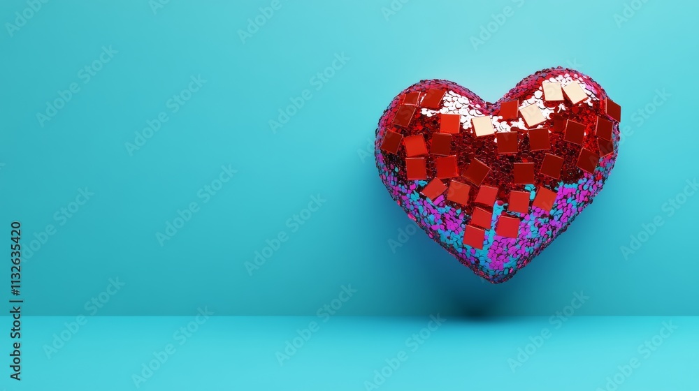 Aufkleber heart made of red blocks is floating in the air above a blue background. the heart is broken into pi