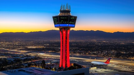 Air traffic control tower overseeing a bustling airport, ensuring safe and efficient aircraft movements, symbolizing coordination and precision in aviation operations.