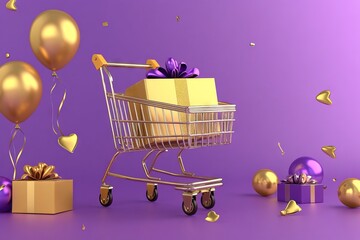 Purple gift-filled cart with festive balloons