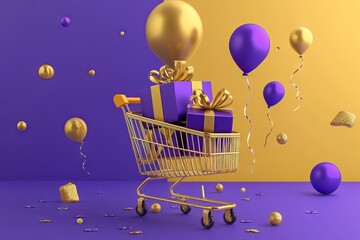 Cart with wrapped presents on dual-tone background