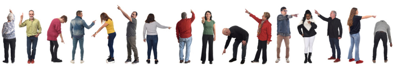 line of large group of people pointing fingers everywhere down, center and up on white background