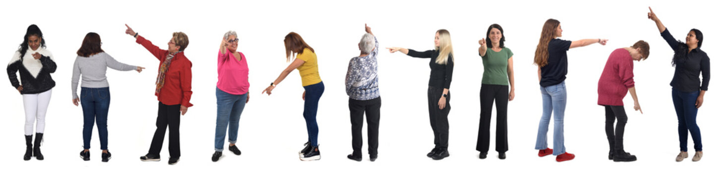 line of large group of women pointing fingers everywhere down, center and up on white background