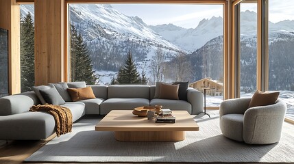 Fototapeta premium A sleek Scandinavian wooden coffee table with a light oak finish, paired with a modern gray sofa and a cozy armchair, expansive panoramic windows showcasing a tranquil snow-covered alpine landscape,