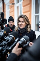 Press conference with a spokesperson addressing media inquiries in a city setting during winter