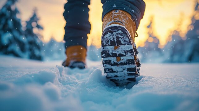Fresh tracks in untouched snow mark the journey of a snowshoe hiker as golden sunlight filters through towering trees in a serene winter landscape