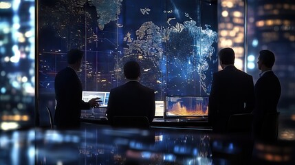 Business team analyzing world digital interface map.