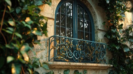 A charming window with an ornate balcony, embraced by lush green foliage. The dark teal window and intricate metalwork create a captivating contrast against the warm stone.