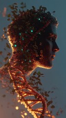 Human profile fused with vibrant DNA strand