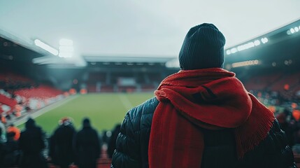 A person bundled in a warm scarf and beanie looks out at a large stadium. The atmosphere is somber, yet hopeful.