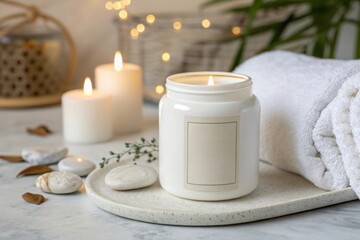 Organic white aroma candle jar ceramic mockup on a serene spa setting with soft lighting