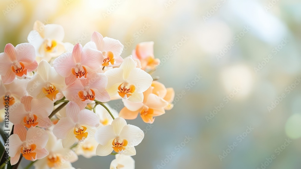 Poster close-up shot of cascading cluster of small delicate orchid flowers with soft background light