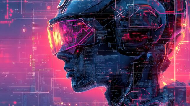 Futuristic VR headset worn by a digital human figure.