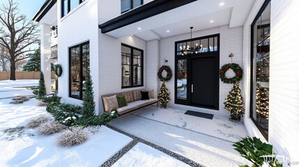 Fototapeta premium Elegant winter entrance with holiday decorations in a snowy suburban area