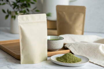 Mockup of a simple eco-friendly stand featuring matcha powder and accessories for a modern kitchen