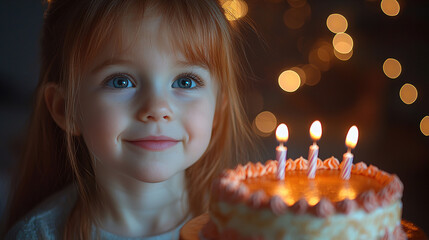 Naklejka premium Young girl celebrates birthday with cake and candles during a cozy evening gathering. Generative AI
