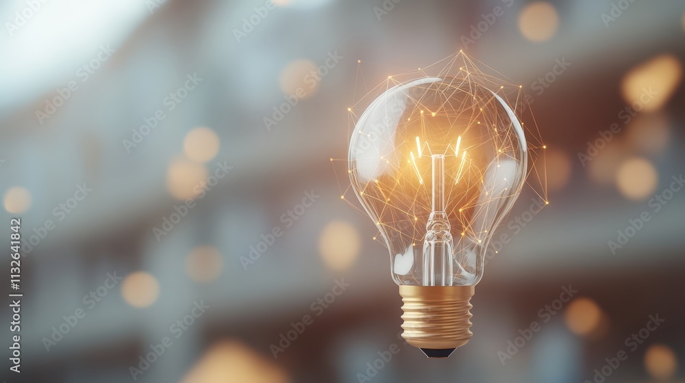 Poster Digital Rendering of a Lightbulb Surrounded by Abstract Bokeh Lights and Geometric Shapes
