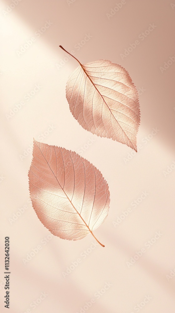 Poster soft, muted colors envelop two gracefully arranged leaves that rest on a smooth surface. sunlight ca