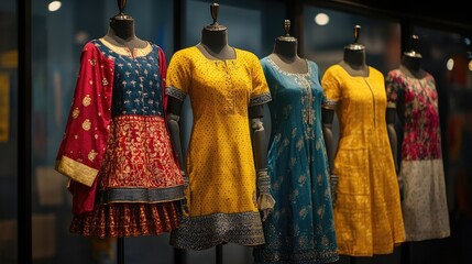 Vibrant collection of women's ethnic wear displayed on mannequins. Rich colors and intricate details showcase the beauty of traditional Indian fashion.