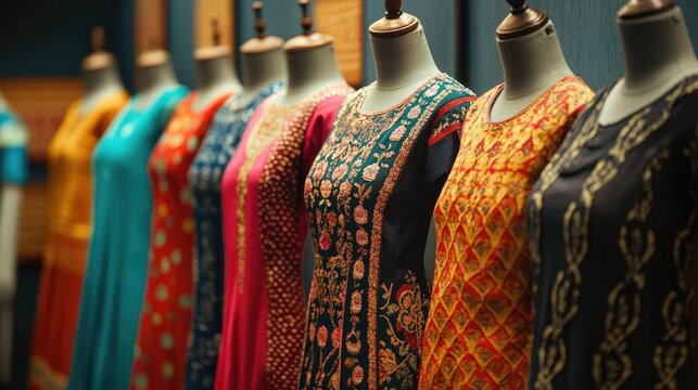 A row of colorful women's dresses on display, showcasing intricate embroidery and vibrant patterns. The rich textures and hues create a luxurious and visually appealing scene.