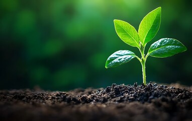 Fototapeta premium Young plant seedling growing in dark soil with green background.