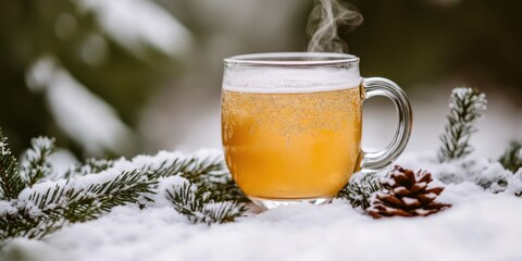 A clear glass mug of hot toddy placed on a snow-covered table outdoors, surrounded by pine needles and winter decor"