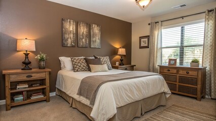 Fototapeta premium Cozy bedroom designed with mocha mousse accents, featuring warm lighting and inviting decor elements. Interior of a bedroom