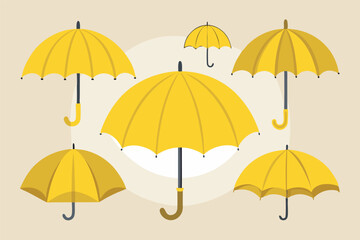 Obraz premium A dynamic and visually appealing image of yellow umbrellas of different sizes and states against a yellow backdrop with a beige border.