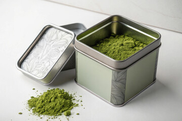Matcha tea tin mockup with loose powder on a clean surface for packaging design