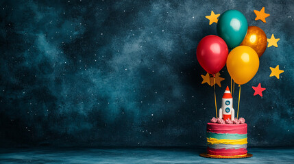 vibrant space themed birthday cake with colorful balloons and rocket decoration, perfect for cosmic celebration. backdrop features starry night sky
