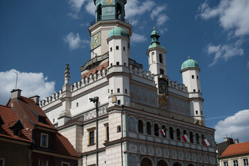 The Town Hall Tower in the Main Square (Rynek) in Poznań, Poland, with historical architecture