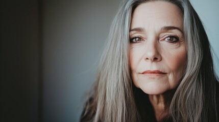 Naklejka premium Woman with long gray hair and a serious expression