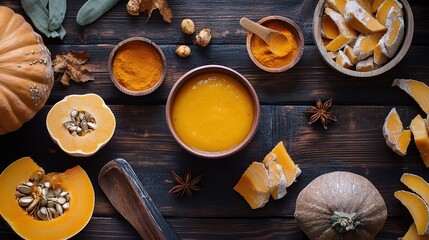A velvety butternut squash soup with a hint of sweetness and a touch of spice. The soup is pureed to a smooth consistency 