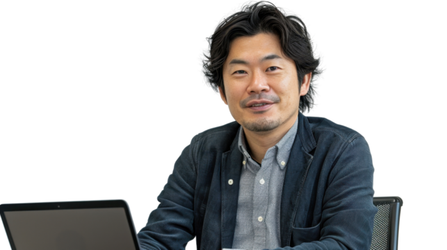 Asian middle age male Employee IT specialist sit at work with laptop on white background