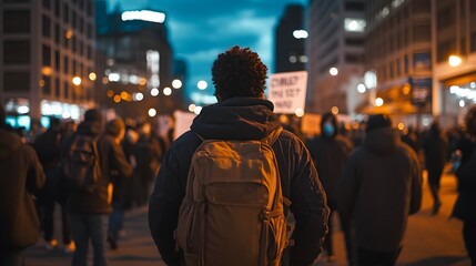 Fototapeta premium A peaceful protest march winding through a historic city district with dramatic lighting
