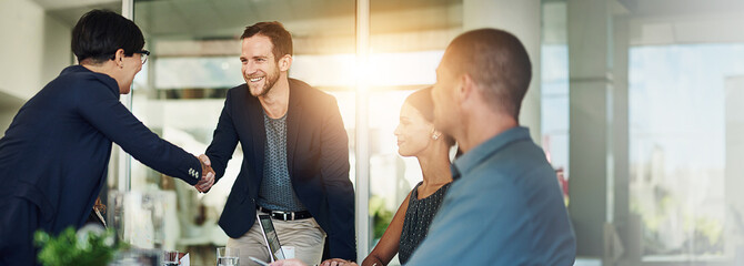 Business, employees or shaking hands in office with partnership in investment project and funding...