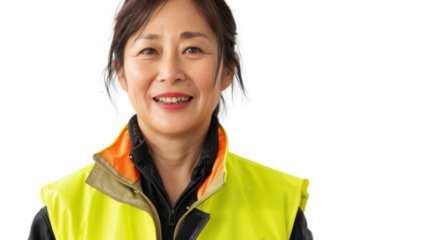 Asian senior female smiling in yellow warning vest safety on white background	

