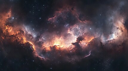 Obraz premium 360-degree equirectangular space nebula panorama with hdri spherical projection, featuring a stunning cosmic background of stars and nebulae for environment mapping and immersive visualizations