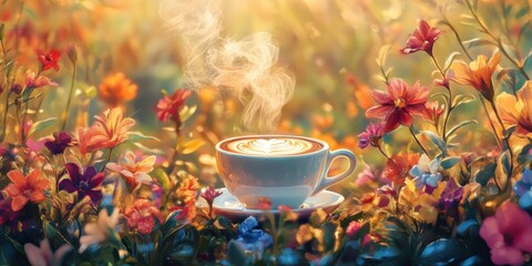 A cup of coffee with artistic foam art, steam curling beautifully against a sunny garden backdrop with vibrant flowers"