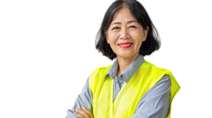 Asian senior female smiling in yellow warning vest safety on white background	
