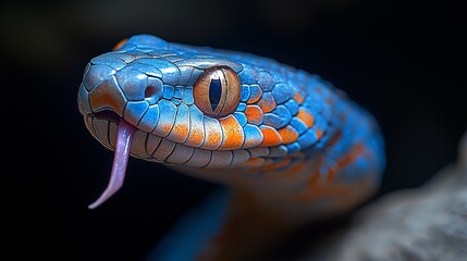 Fototapeta premium Dramatic close-up of a venomous snakes head with mid-flick tongue, scales glistening in low light