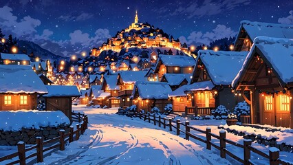 Obraz premium A snowy village celebrating the New Year with festive lights