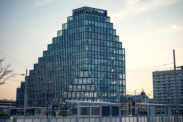A panoramic view of Rondo Kaponiera, a major roundabout in Poznań, Poland, showcasing its unique design and bustling traffic © Yunona