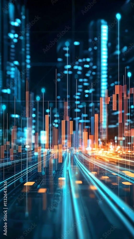 Poster futuristic city skyline with glowing lines and data streams.