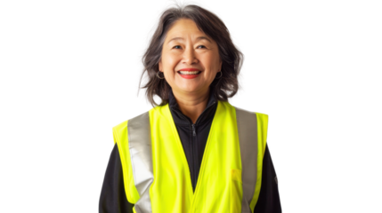 Asian senior female smiling in yellow warning vest safety on white background	
