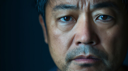 Fototapeta premium A close-up of a middle-aged Asian man displaying a range of complex emotions, highlighting the intricacies of human expression and the depth of his inner thoughts and feelings.