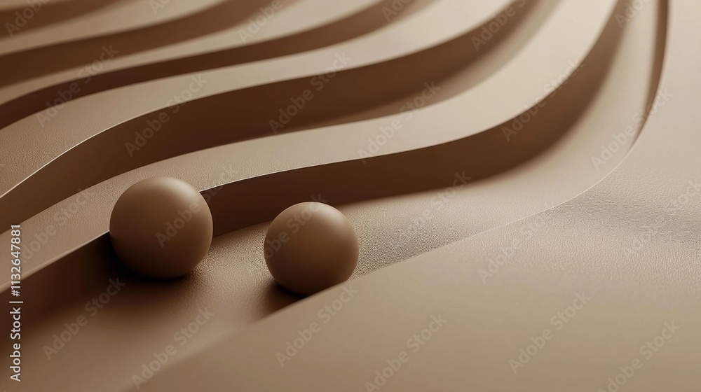 Poster Two smooth spheres rest on a gently undulating surface, creating a harmonious balance in this abstract composition. The organic lines evoke a sense of tranquility and flow, Mocha Mousse