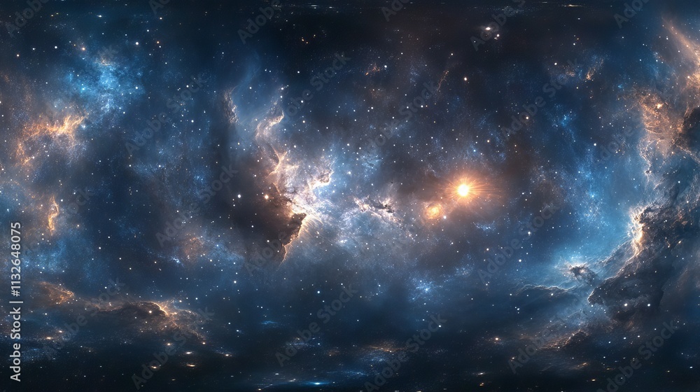 Poster 360-degree equirectangular space nebula panorama with hdri spherical projection, featuring a stunnin