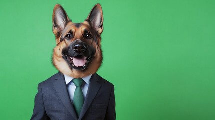 Close-up of a German Shepherd in formal business attire against a green background, with a friendly and engaging smile