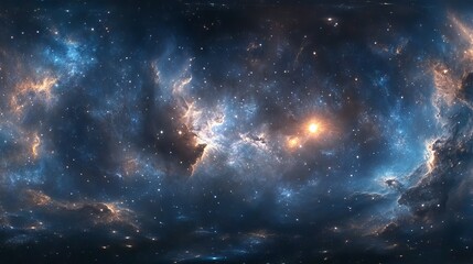 Obraz premium 360-degree equirectangular space nebula panorama with hdri spherical projection, featuring a stunning cosmic background of stars and nebulae for environment mapping and immersive visualizations